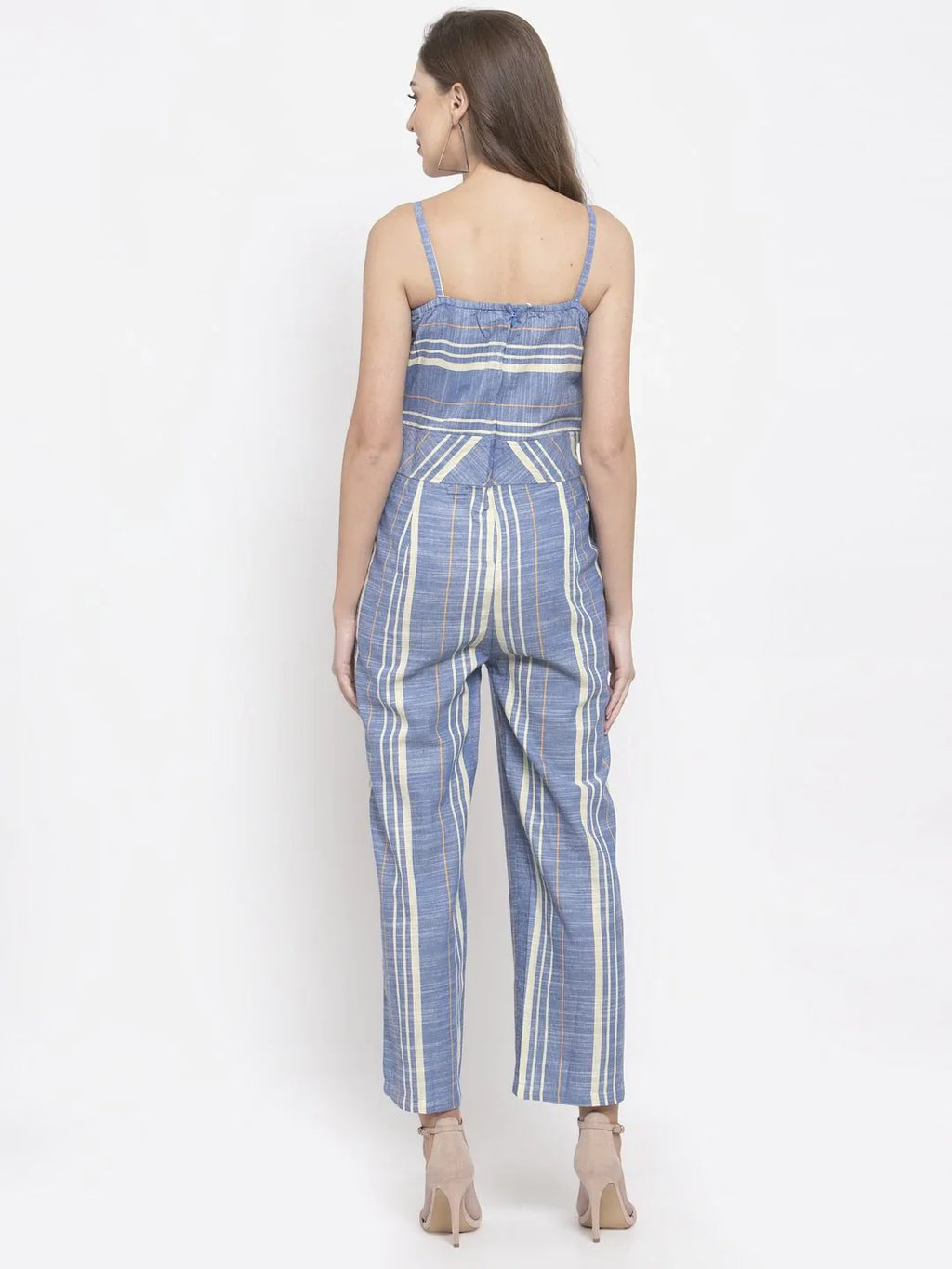 Jompers Women's Blue & Off-White Striped Basic Jumpsuit | Grocsy