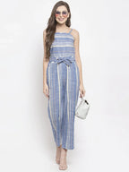 Jompers Women's Blue & Off-White Striped Basic Jumpsuit | Grocsy