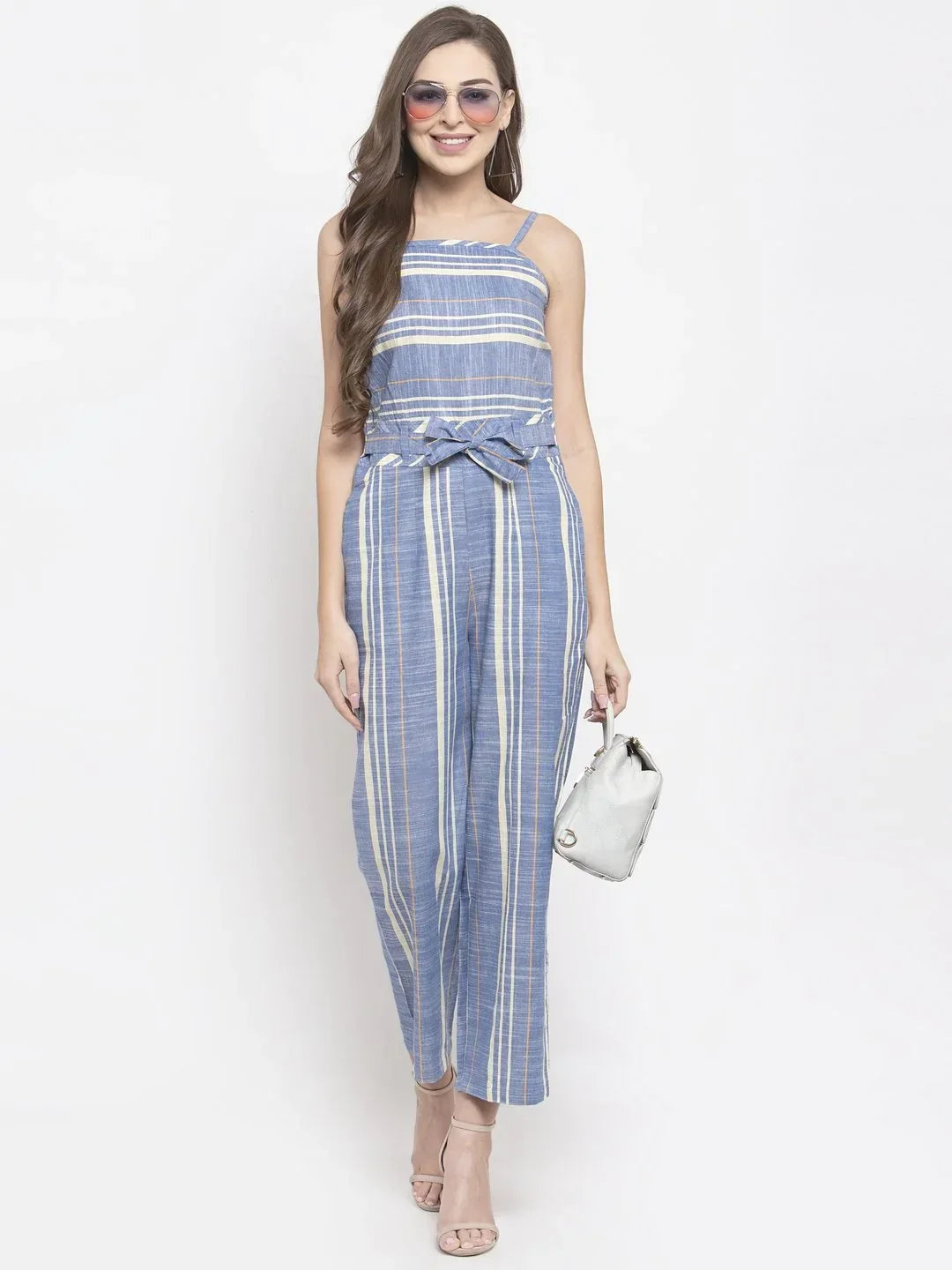 Jompers Women's Blue & Off-White Striped Basic Jumpsuit | Grocsy