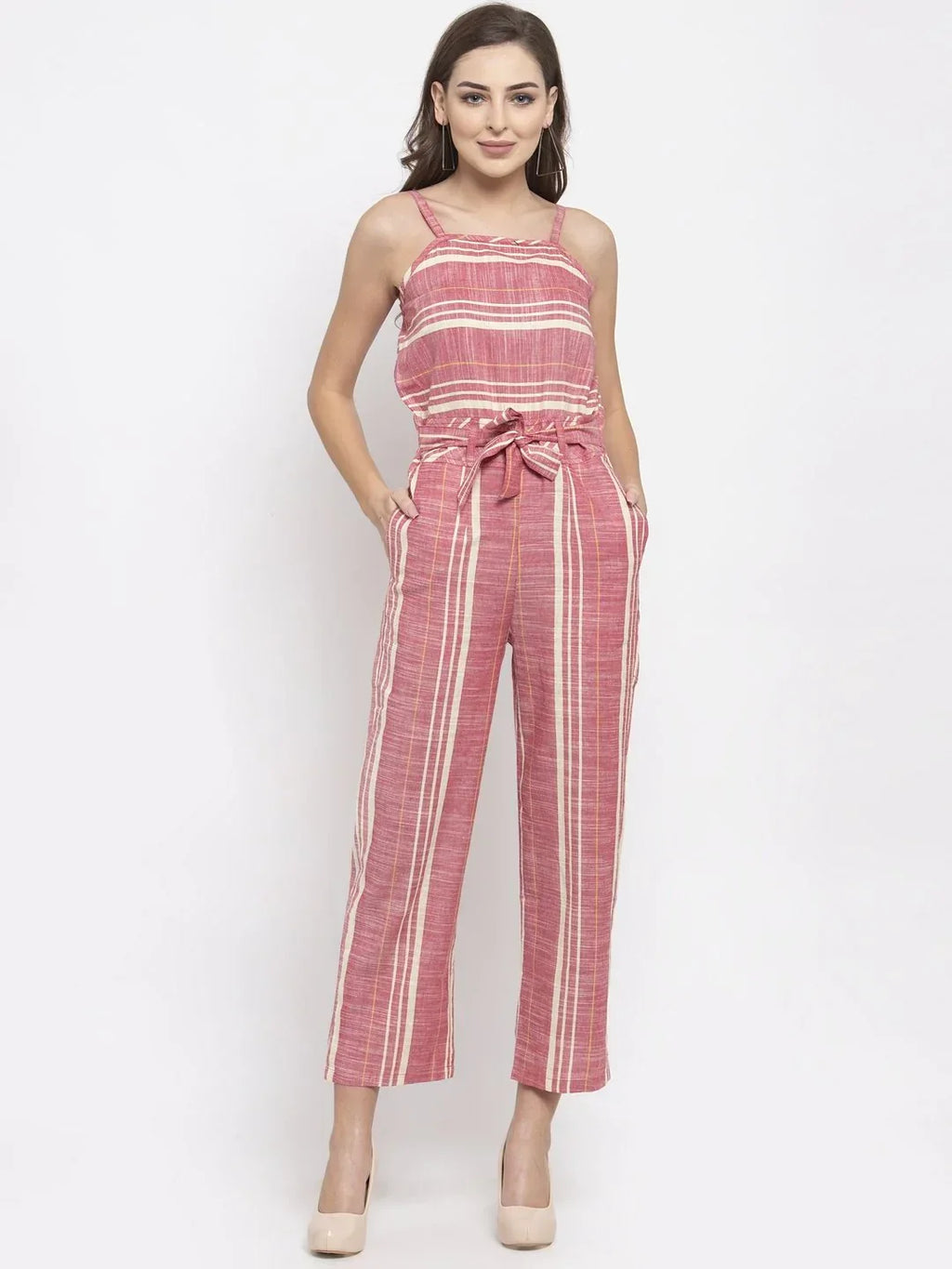 Jompers Women's Red & Off-White Striped Basic Jumpsuit | Grocsy