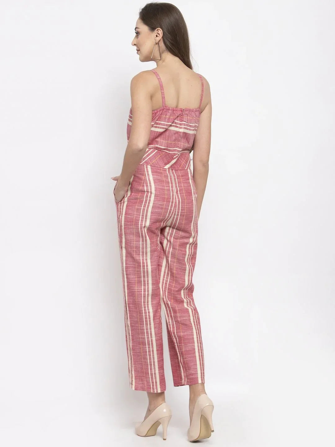 Jompers Women's Red & Off-White Striped Basic Jumpsuit | Grocsy