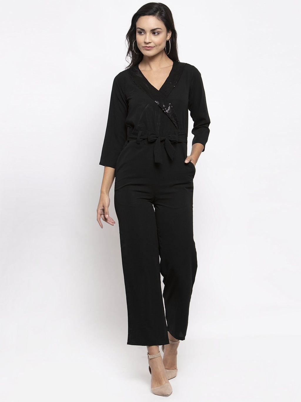 Jompers Women Black Solid Jumpsuit with sequence on neck | Grocsy