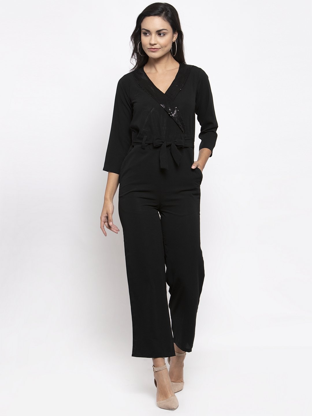 Jompers Women Black Solid Jumpsuit with sequence on neck | Grocsy