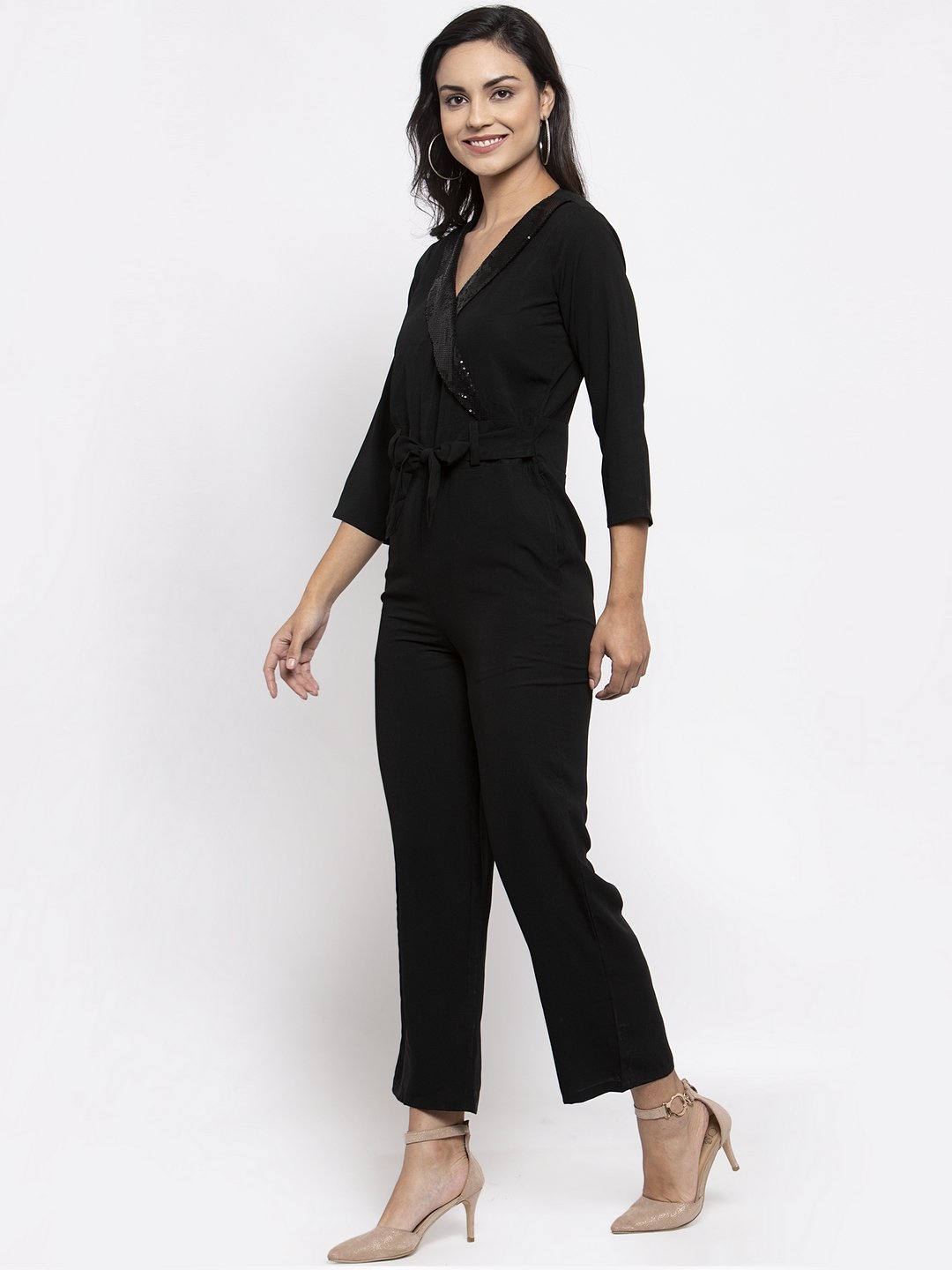 Jompers Women Black Solid Jumpsuit with sequence on neck | Grocsy