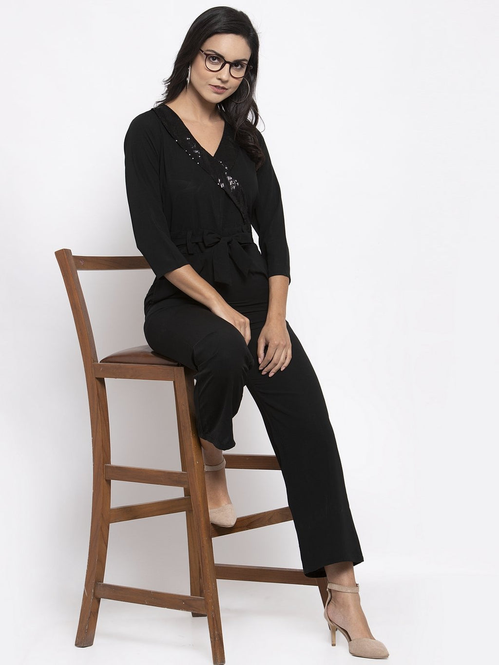Jompers Women Black Solid Jumpsuit with sequence on neck | Grocsy