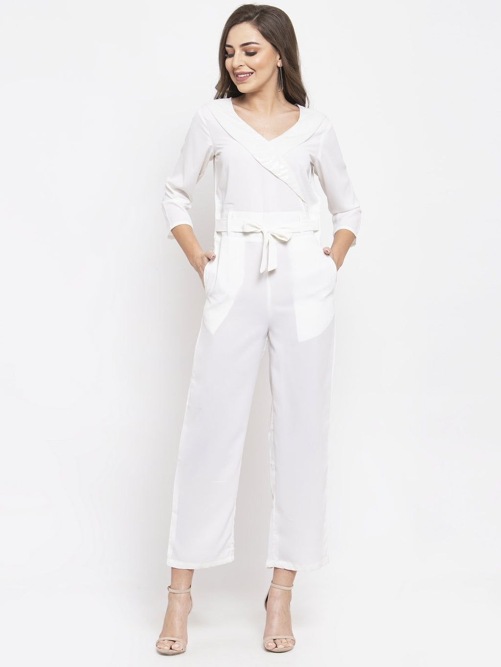 Jompers Women White Solid Jumpsuit with sequence on neck | Grocsy