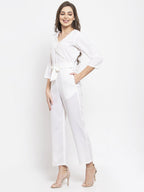 Jompers Women White Solid Jumpsuit with sequence on neck | Grocsy