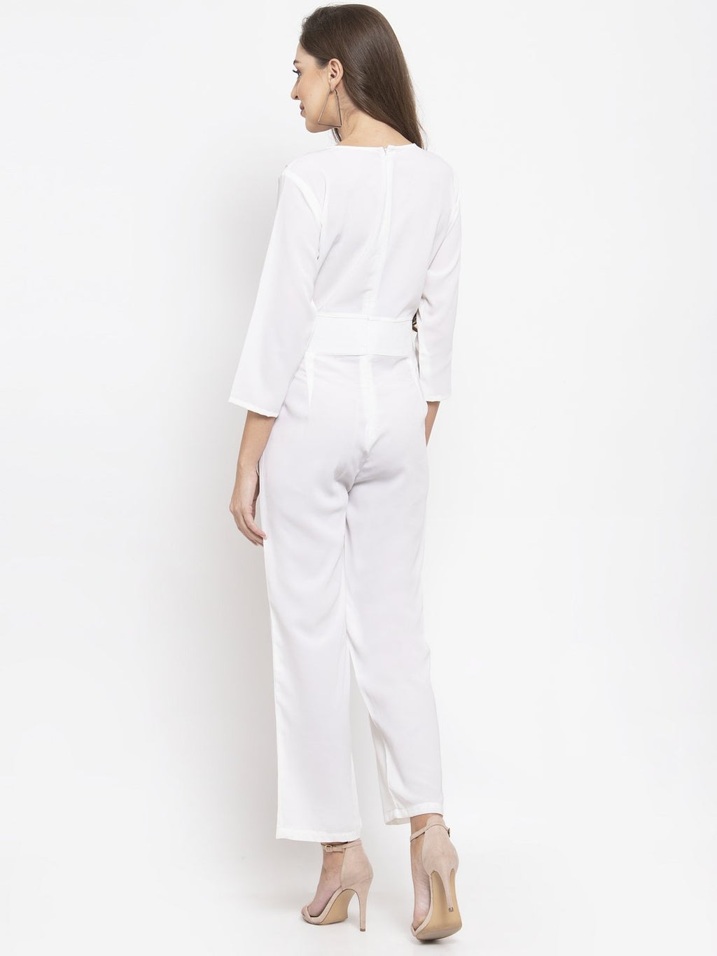 Jompers Women White Solid Jumpsuit with sequence on neck | Grocsy