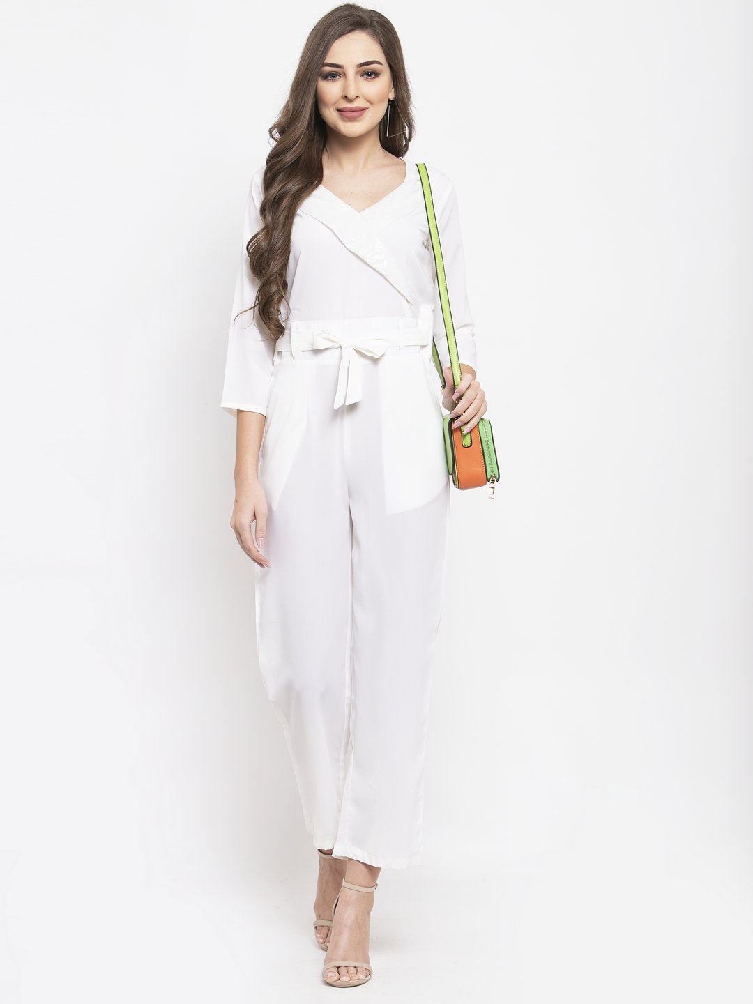 Jompers Women White Solid Jumpsuit with sequence on neck | Grocsy