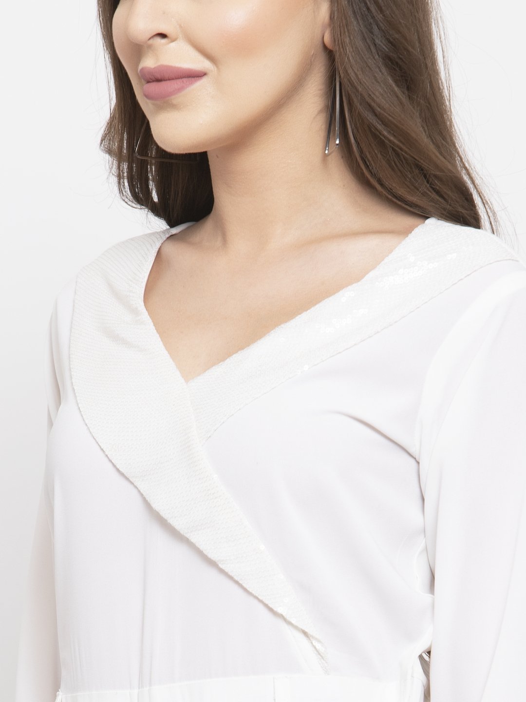 Jompers Women White Solid Jumpsuit with sequence on neck | Grocsy