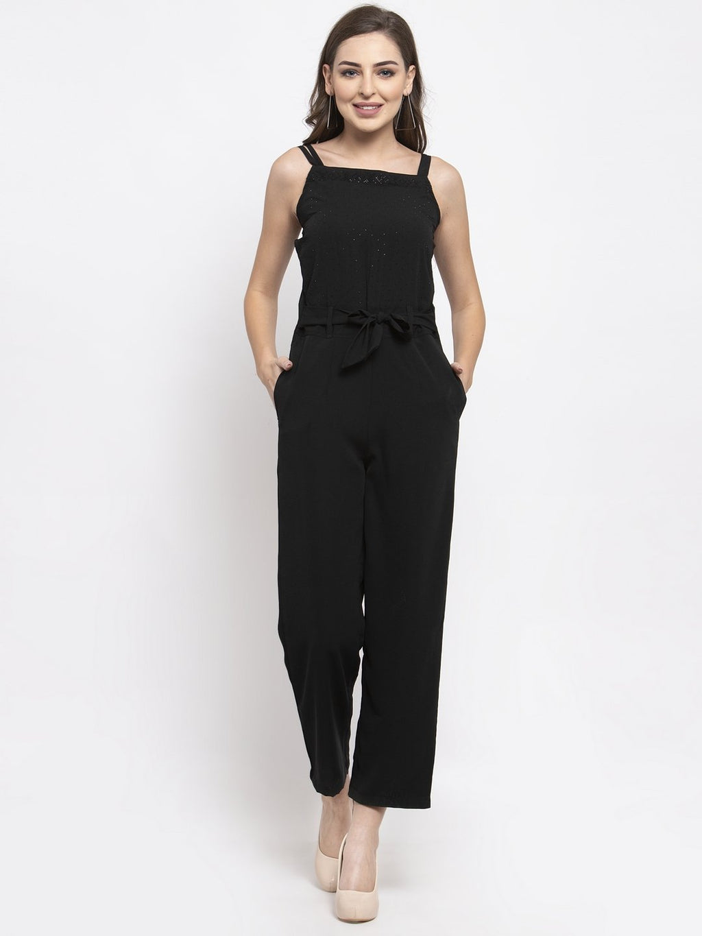 Jompers Women Black Solid Embellished Jumpsuit | Grocsy