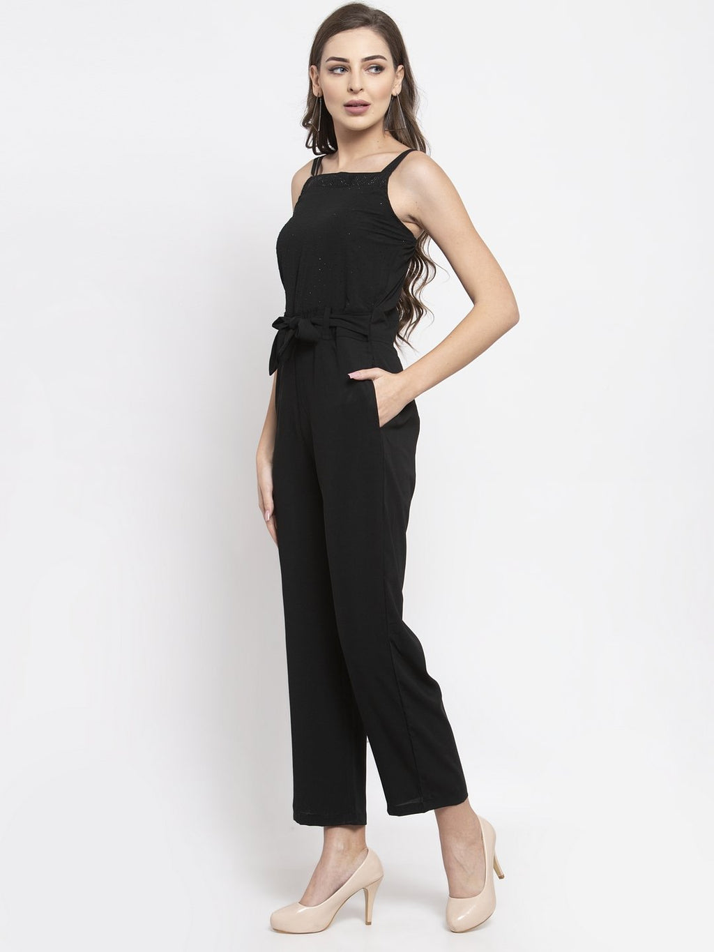 Jompers Women Black Solid Embellished Jumpsuit | Grocsy