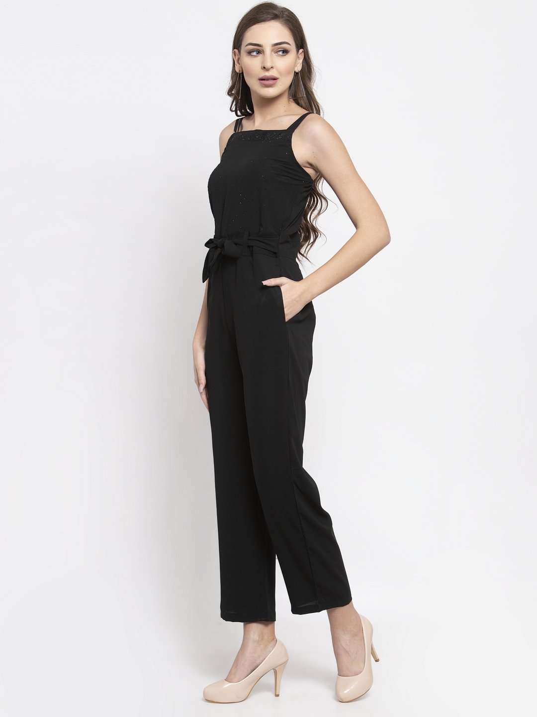 Jompers Women Black Solid Embellished Jumpsuit | Grocsy