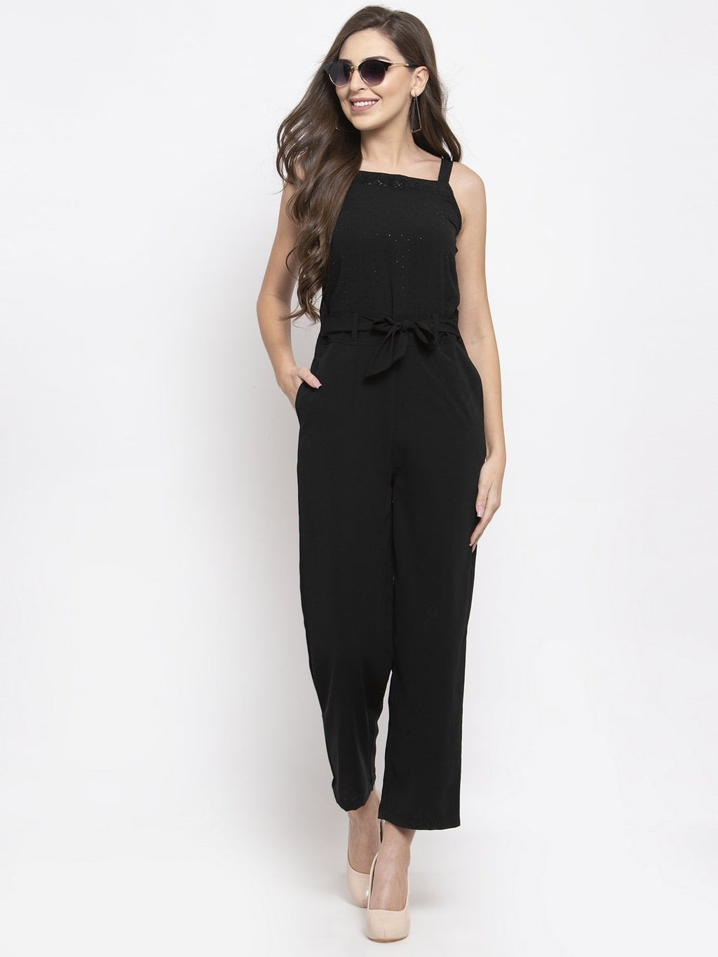 Jompers Women Black Solid Embellished Jumpsuit | Grocsy