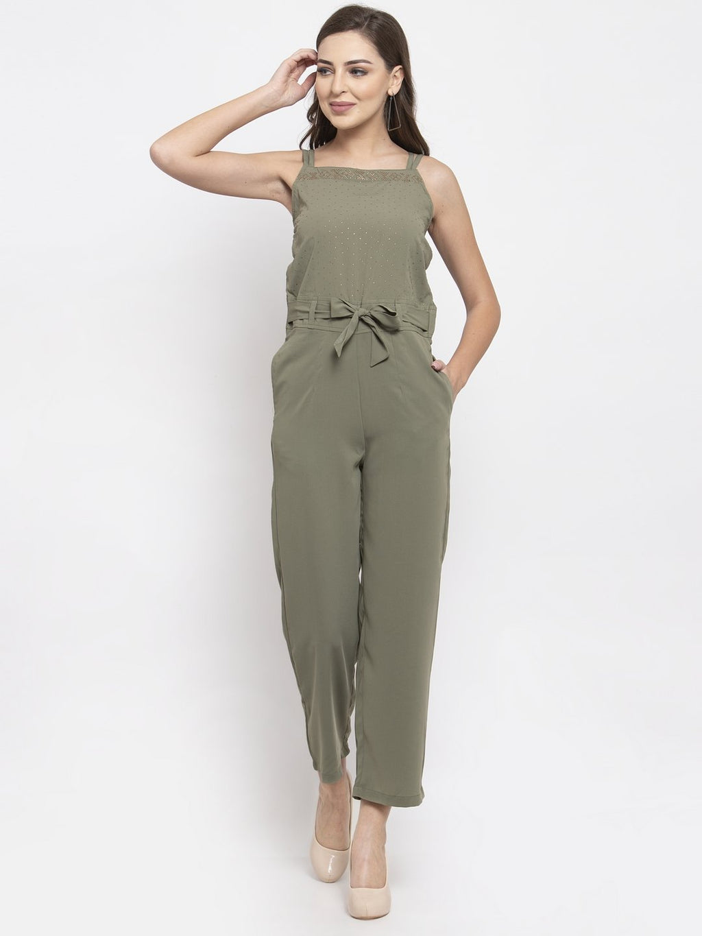 Jompers Women Green Solid Embellished Jumpsuit | Grocsy