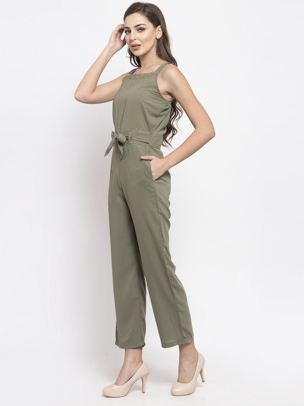 Jompers Women Green Solid Embellished Jumpsuit | Grocsy