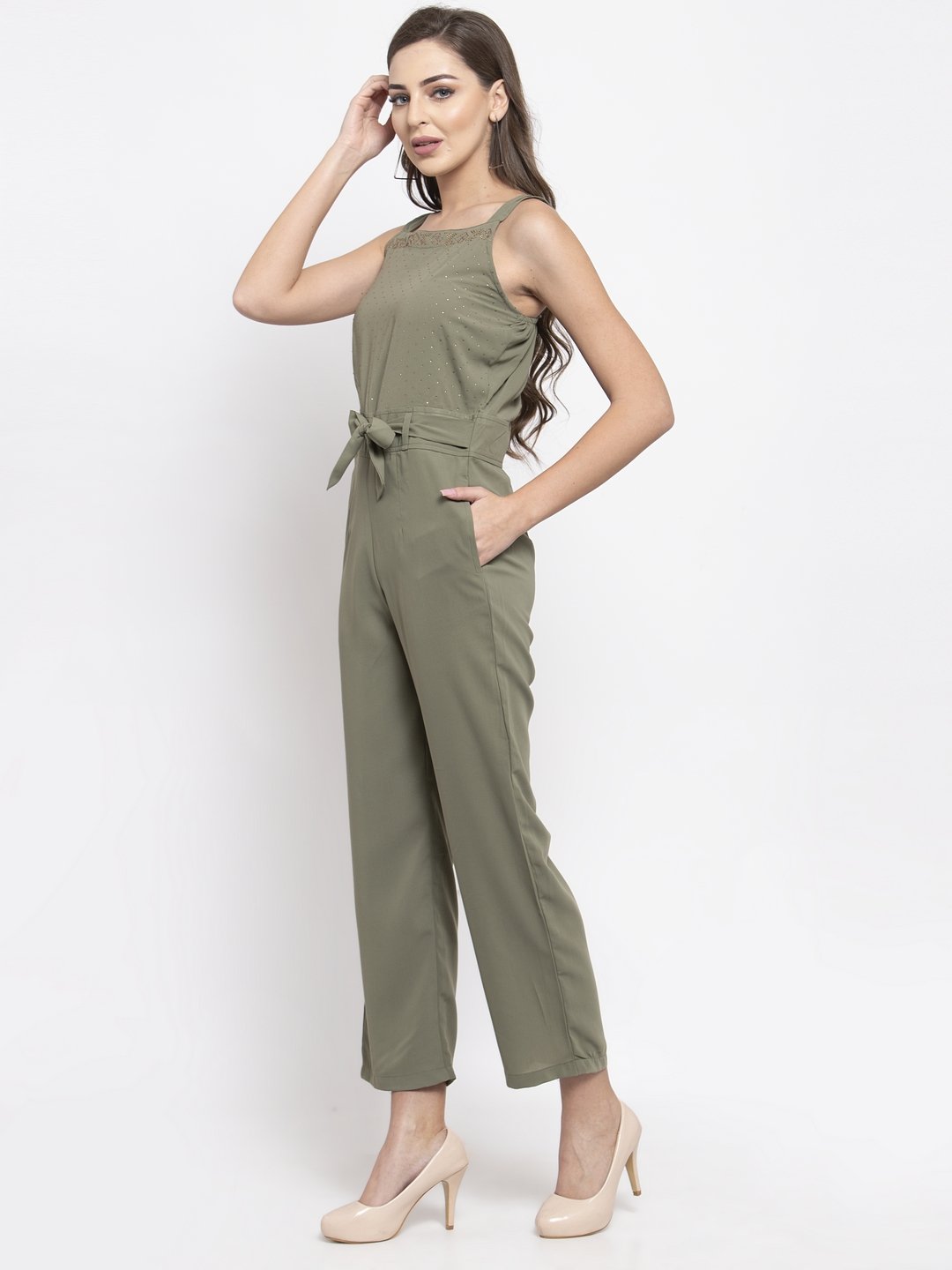 Jompers Women Green Solid Embellished Jumpsuit | Grocsy