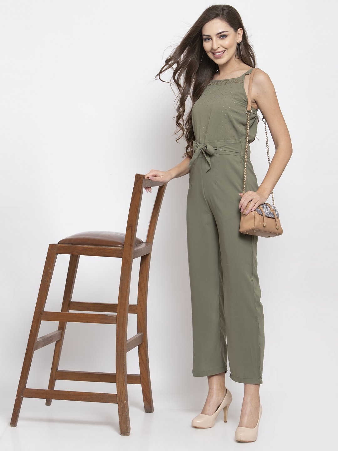 Jompers Women Green Solid Embellished Jumpsuit | Grocsy
