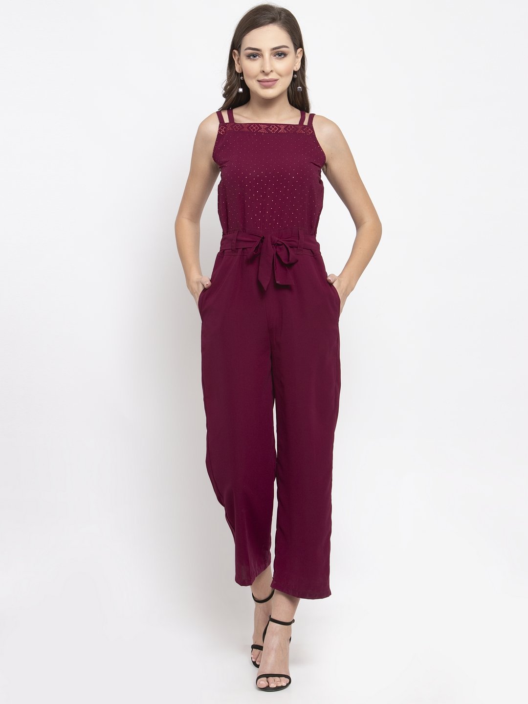 Jompers Women Purple Solid Embellished Jumpsuit | Grocsy