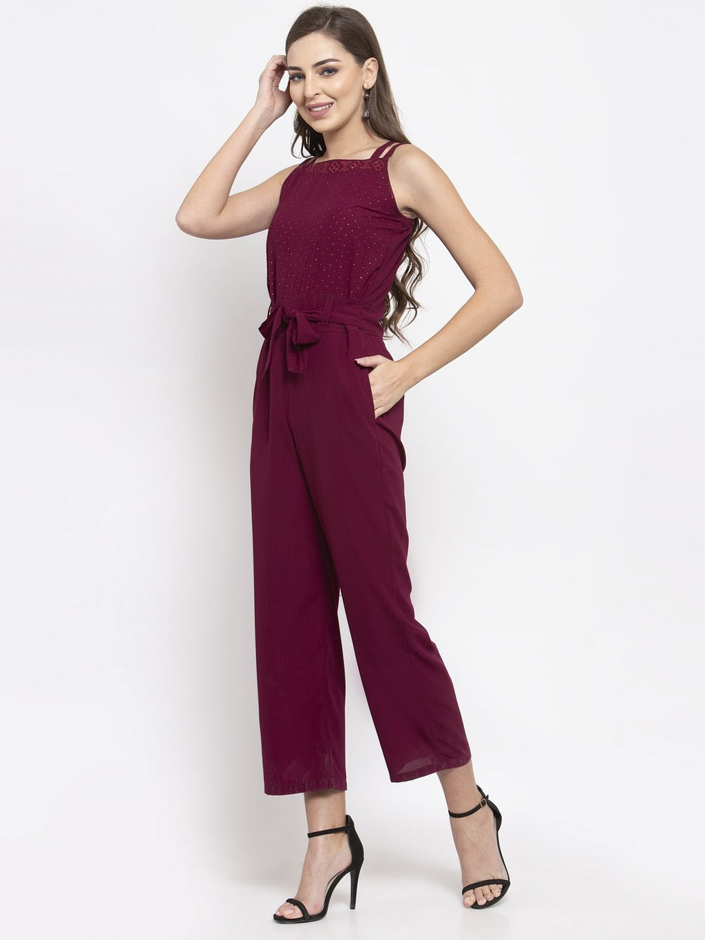 Jompers Women Purple Solid Embellished Jumpsuit | Grocsy