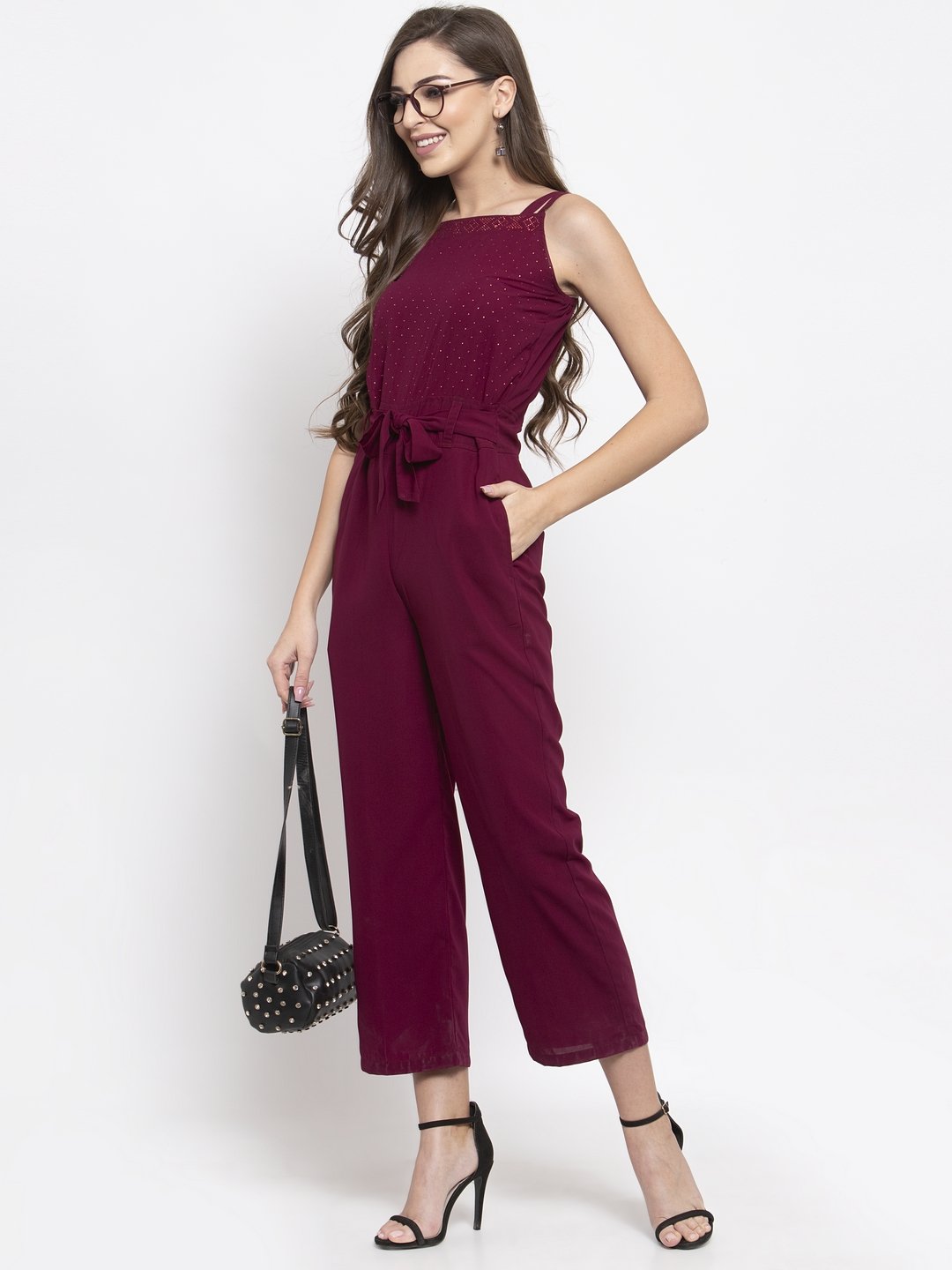 Jompers Women Purple Solid Embellished Jumpsuit | Grocsy