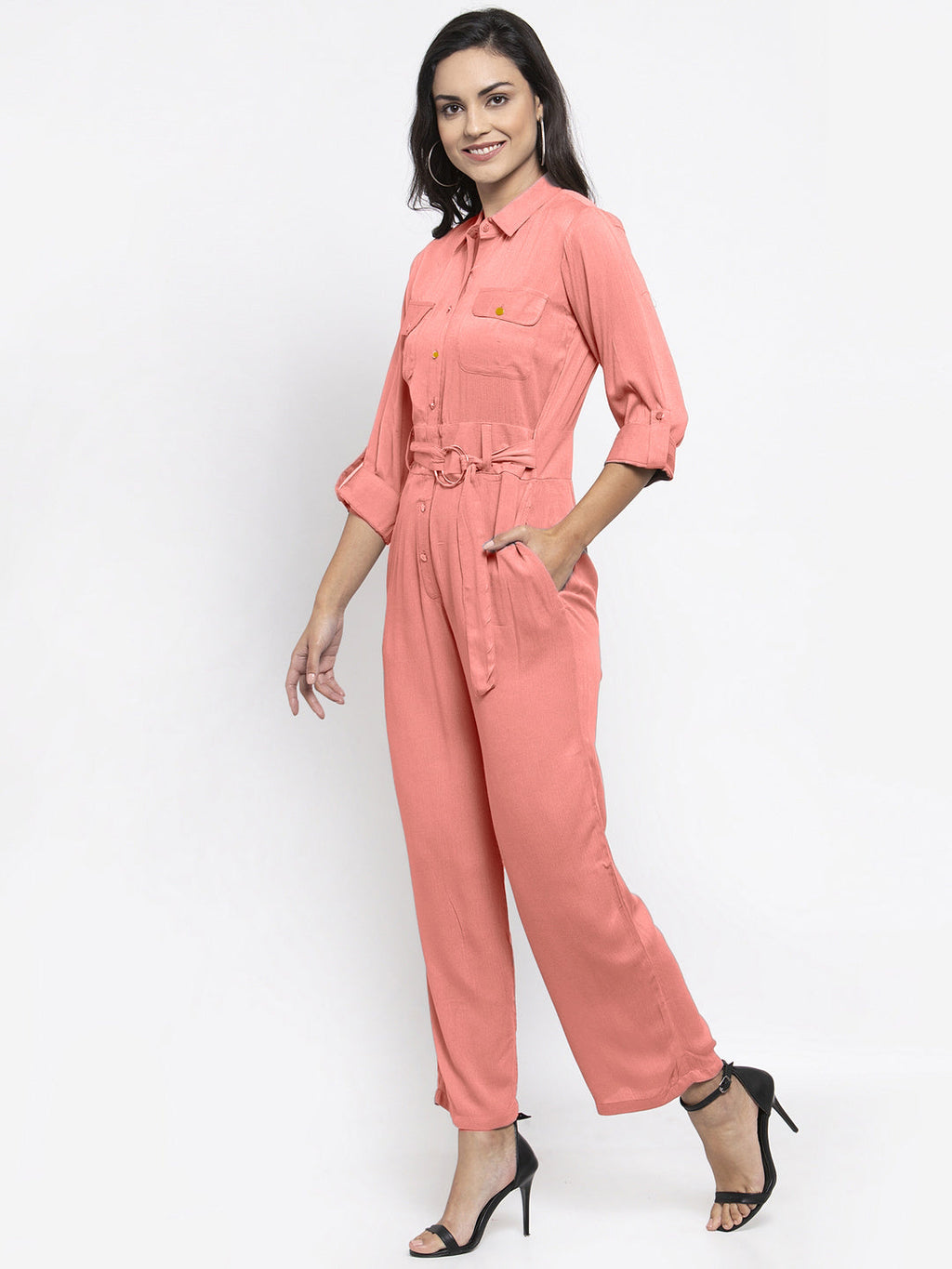 Jompers Women Peach Solid Jumpsuit | Grocsy