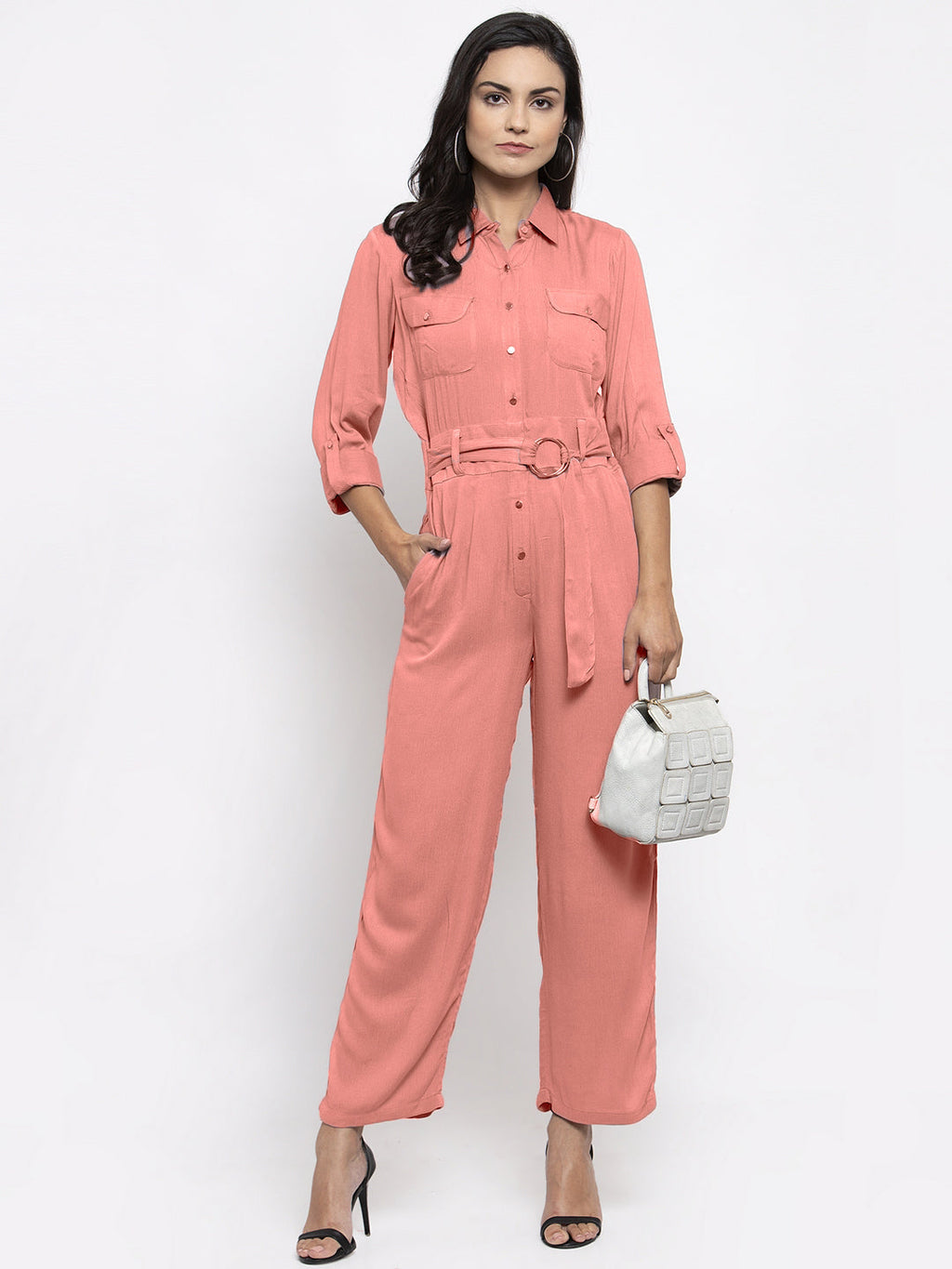 Jompers Women Peach Solid Jumpsuit | Grocsy