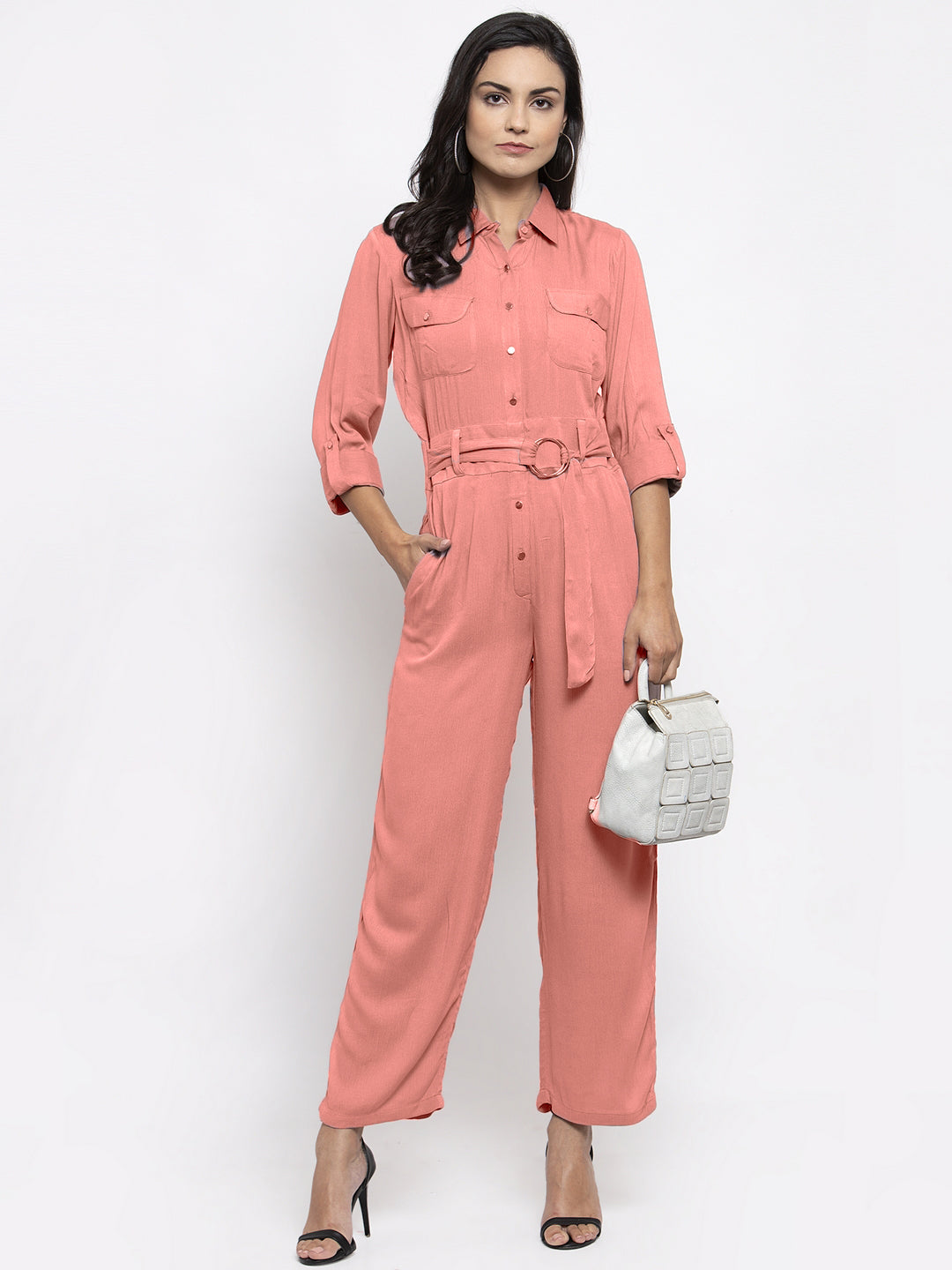 Jompers Women Peach Solid Jumpsuit | Grocsy