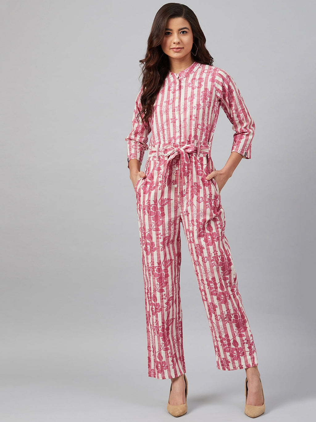 Jompers Women Off-White & Pink Striped Mandarin Collar Basic Jumpsuit | Grocsy
