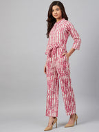 Jompers Women Off-White & Pink Striped Mandarin Collar Basic Jumpsuit | Grocsy
