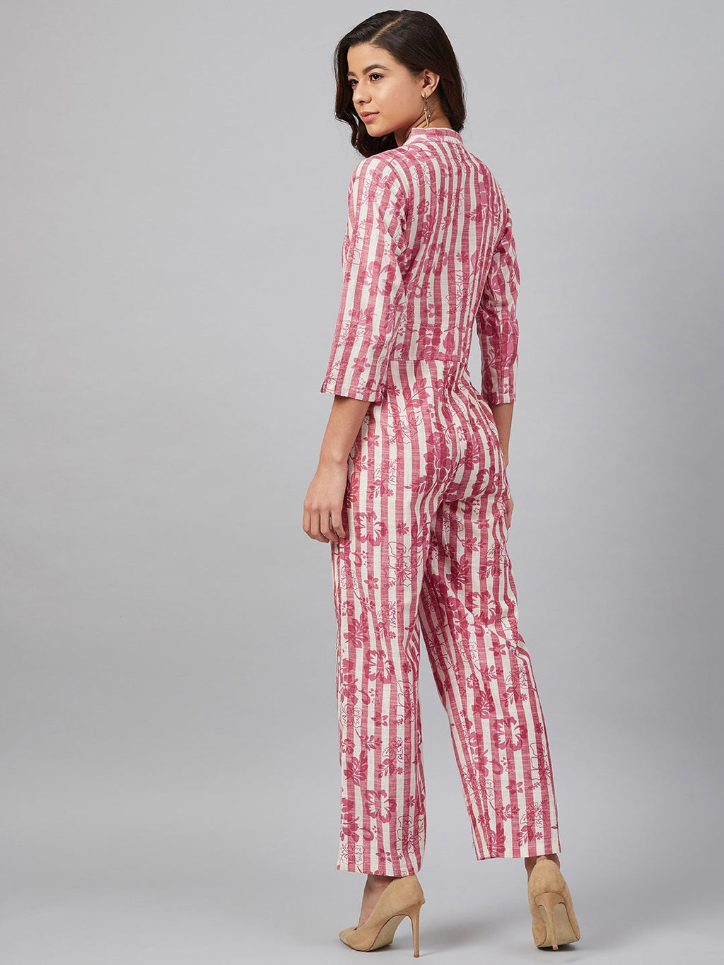 Jompers Women Off-White & Pink Striped Mandarin Collar Basic Jumpsuit | Grocsy