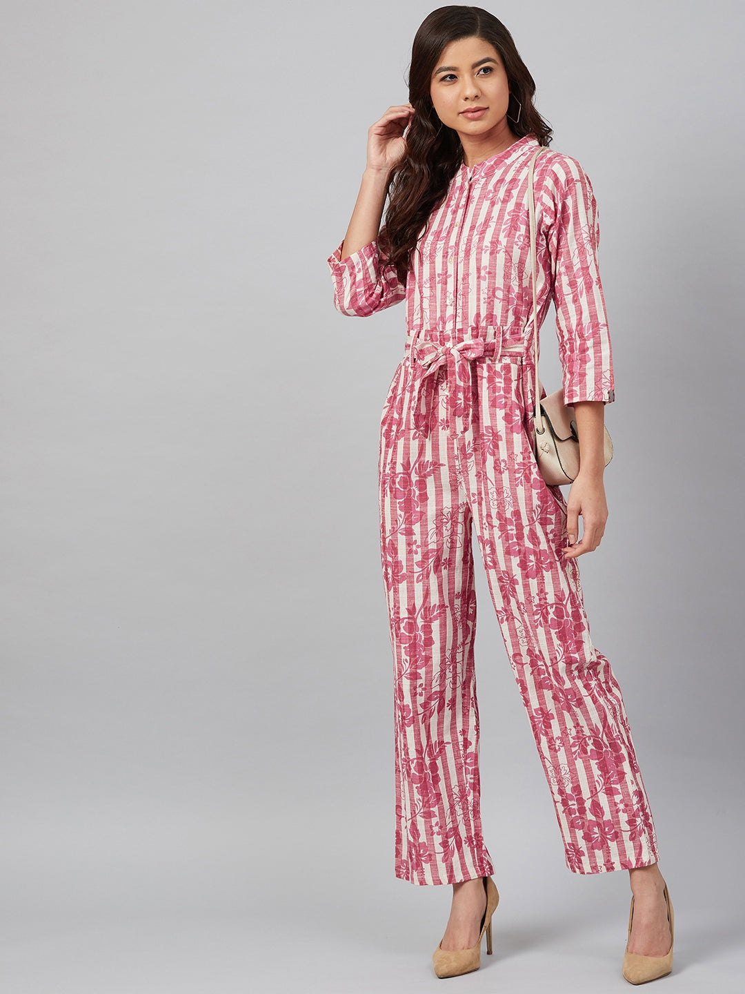 Jompers Women Off-White & Pink Striped Mandarin Collar Basic Jumpsuit | Grocsy