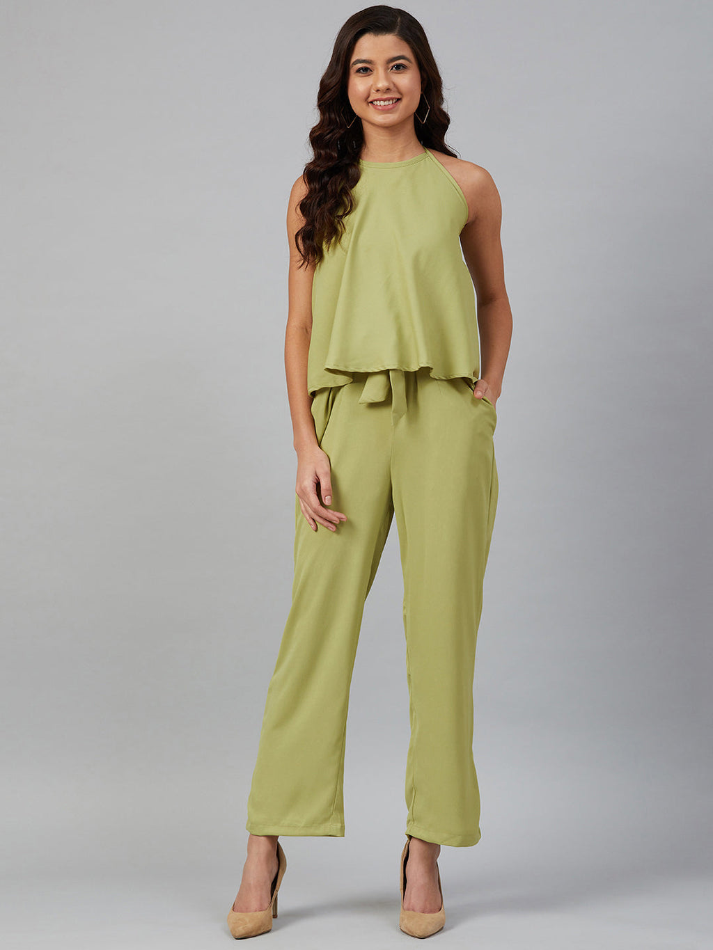 Jompers Women Green-Coloured Solid Halter Neck Basic Jumpsuit | Grocsy