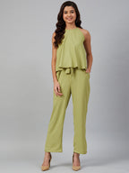 Jompers Women Green-Coloured Solid Halter Neck Basic Jumpsuit | Grocsy