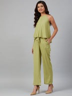 Jompers Women Green-Coloured Solid Halter Neck Basic Jumpsuit | Grocsy