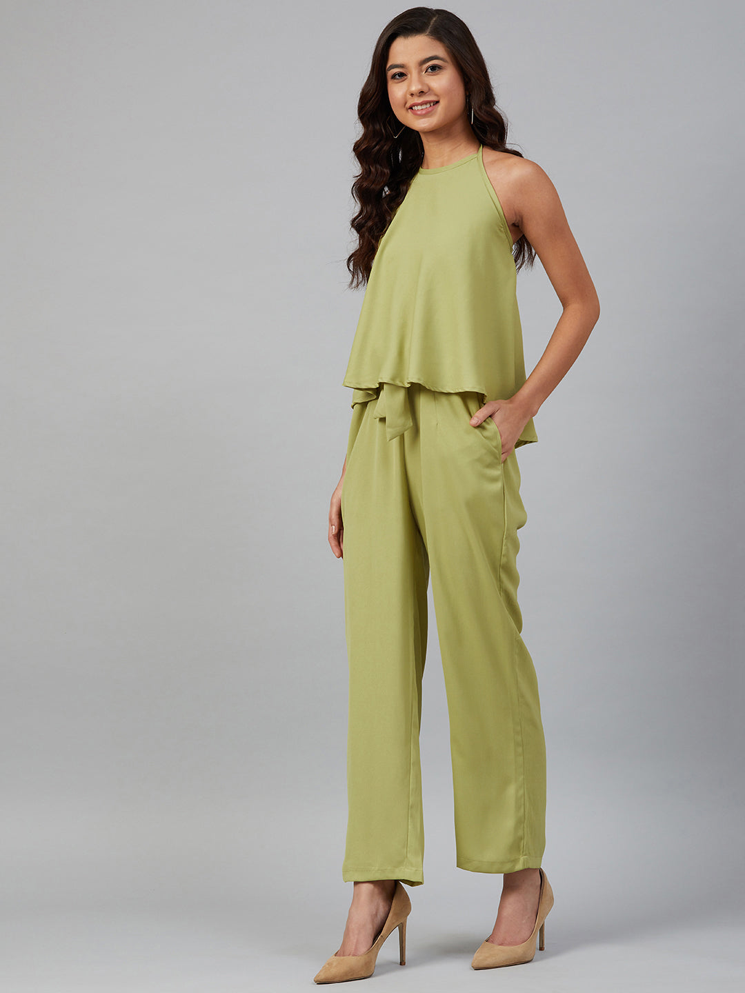 Jompers Women Green-Coloured Solid Halter Neck Basic Jumpsuit | Grocsy