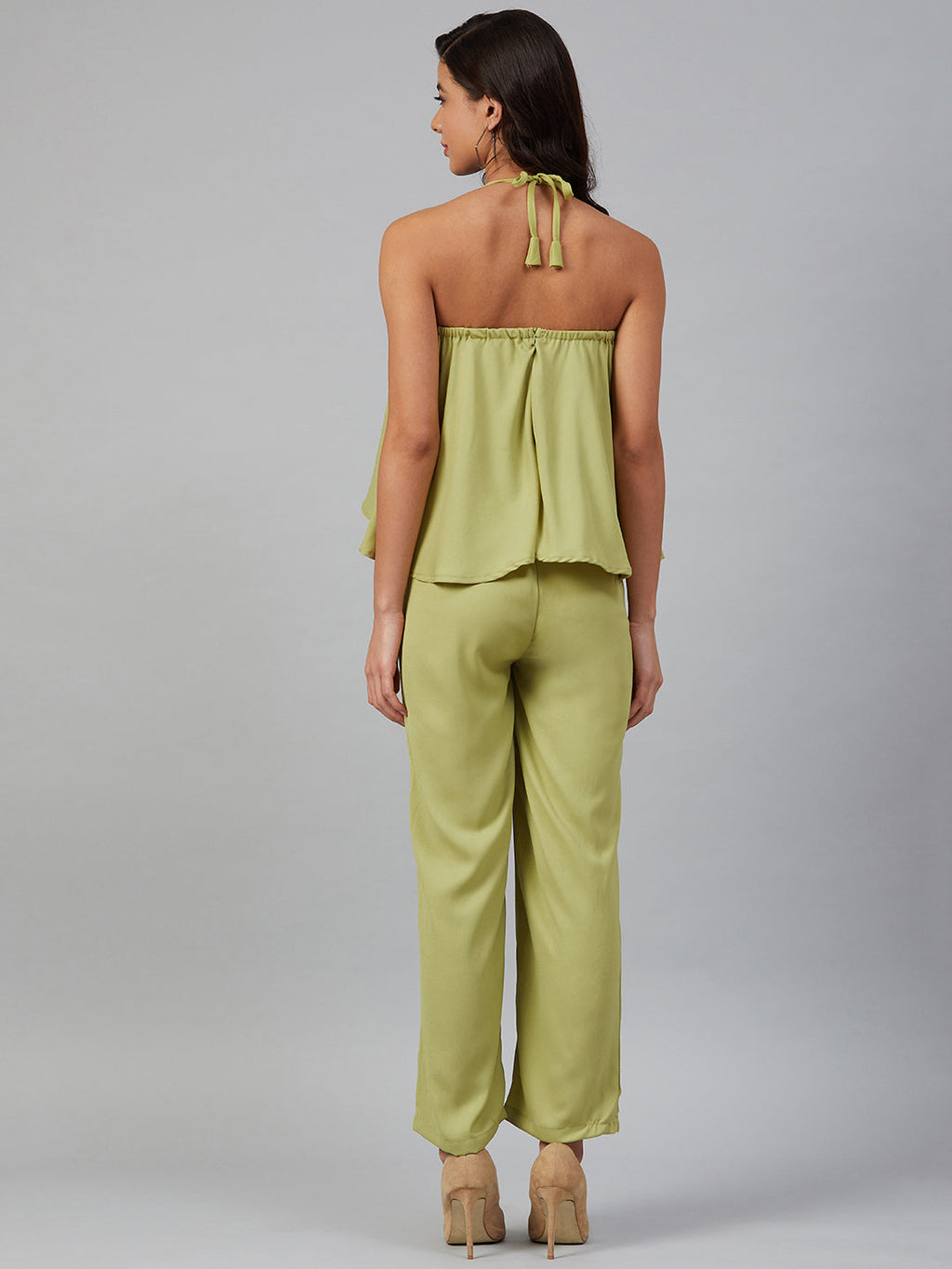 Jompers Women Green-Coloured Solid Halter Neck Basic Jumpsuit | Grocsy