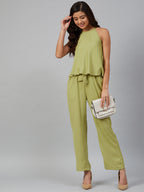 Jompers Women Green-Coloured Solid Halter Neck Basic Jumpsuit | Grocsy