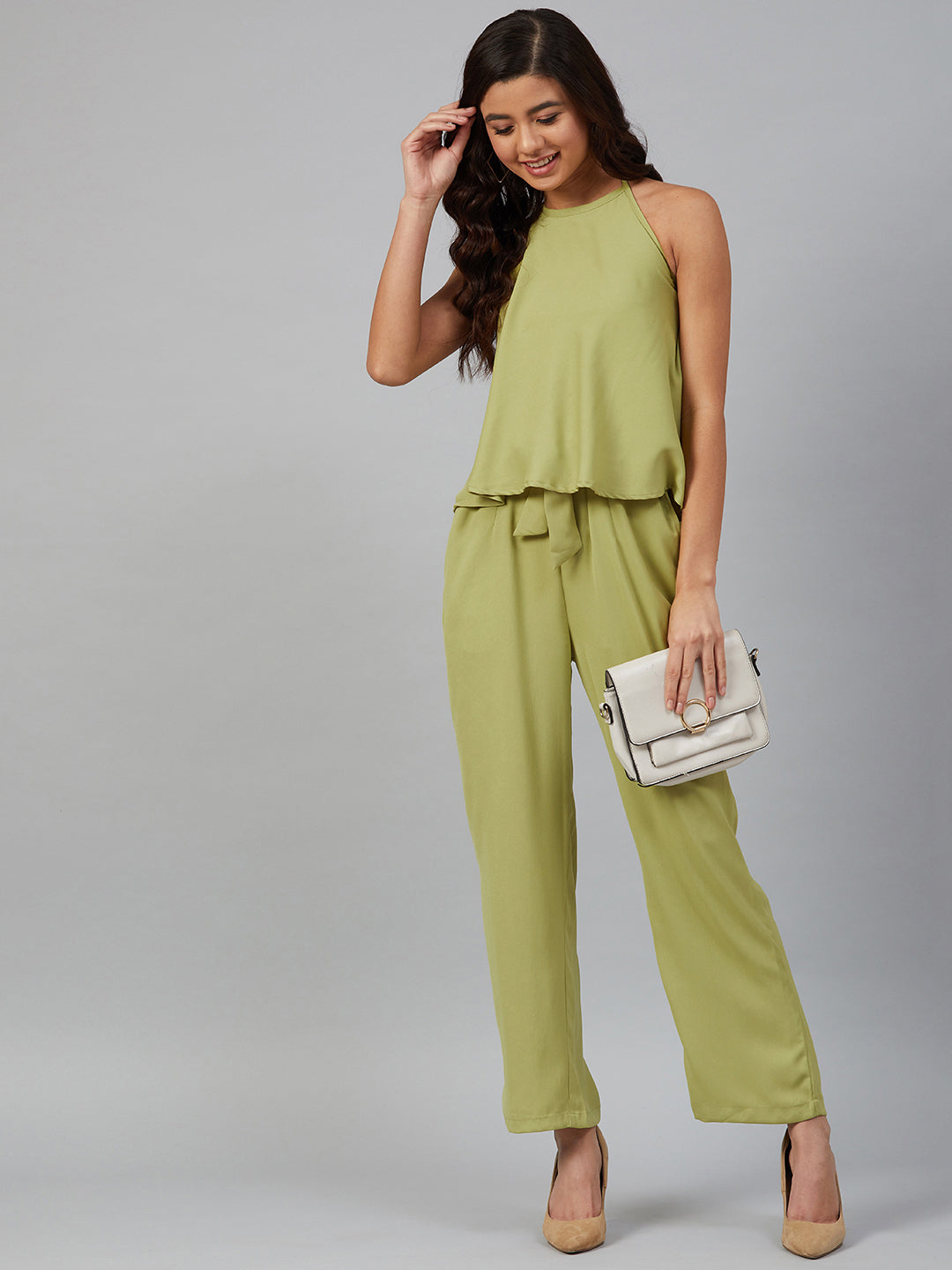 Jompers Women Green-Coloured Solid Halter Neck Basic Jumpsuit | Grocsy