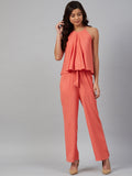 Jompers Women Peach-Coloured Solid Halter Neck Basic Jumpsuit | Grocsy