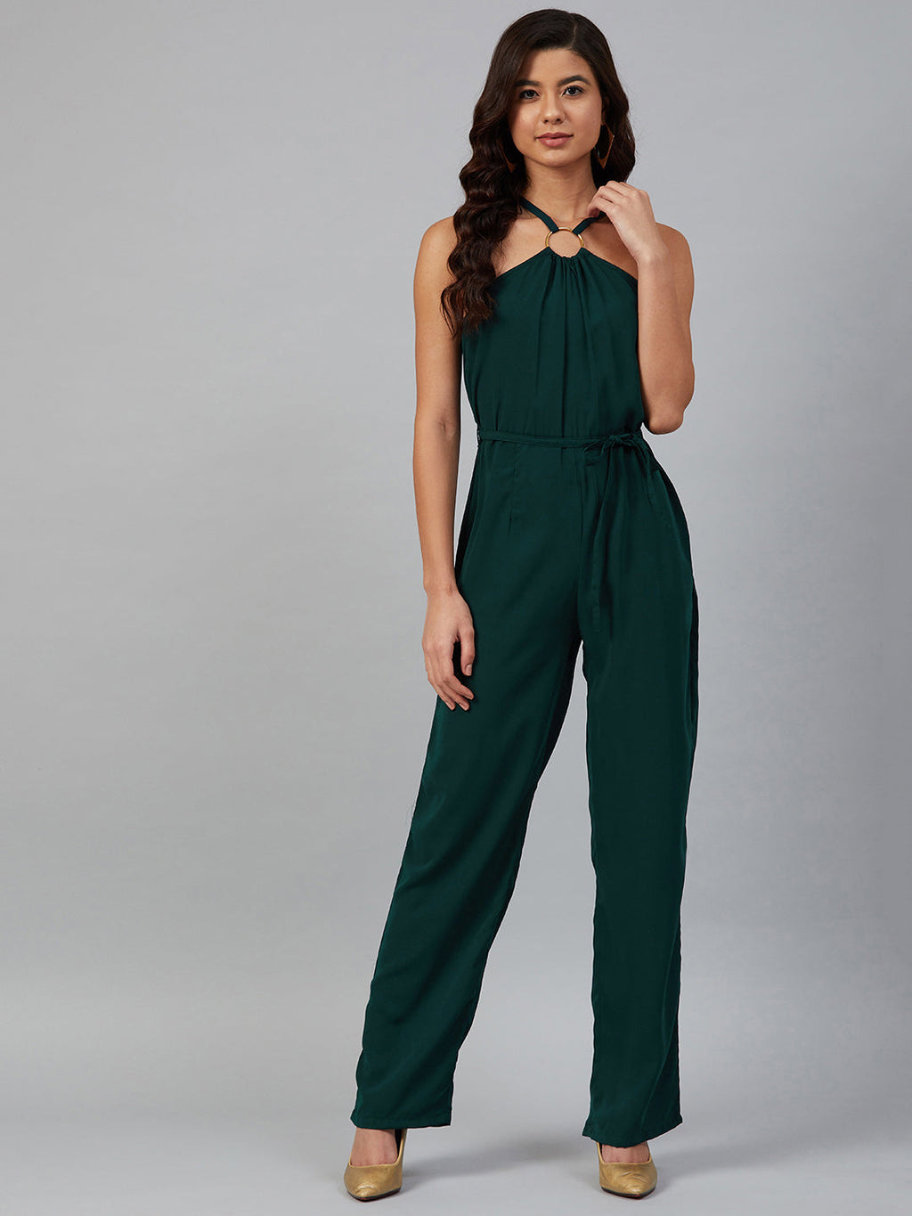 Jompers Women Green Solid Basic Halter Neck Basic Jumpsuit | Grocsy