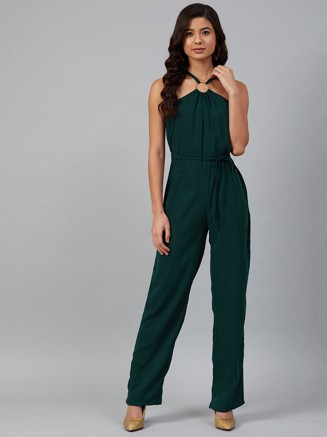 Jompers Women Green Solid Basic Halter Neck Basic Jumpsuit | Grocsy