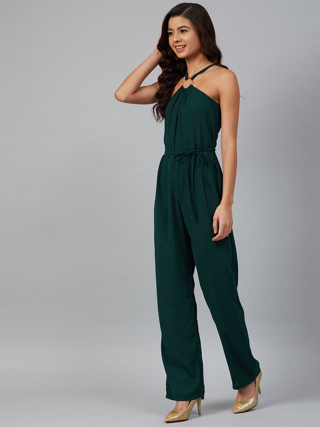 Jompers Women Green Solid Basic Halter Neck Basic Jumpsuit | Grocsy