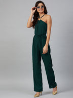Jompers Women Green Solid Basic Halter Neck Basic Jumpsuit | Grocsy