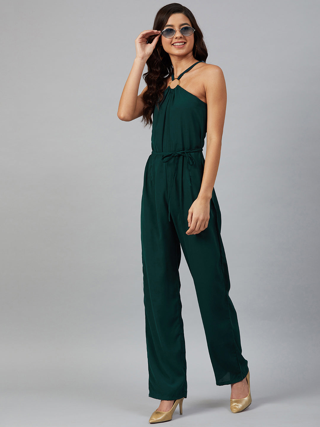 Jompers Women Green Solid Basic Halter Neck Basic Jumpsuit | Grocsy
