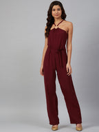 Jompers Women Maroon Solid Basic Halter Neck Basic Jumpsuit | Grocsy