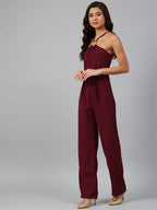 Jompers Women Maroon Solid Basic Halter Neck Basic Jumpsuit | Grocsy