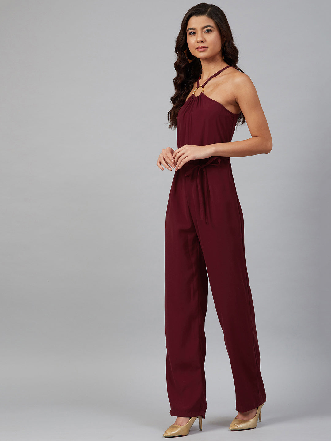 Jompers Women Maroon Solid Basic Halter Neck Basic Jumpsuit | Grocsy