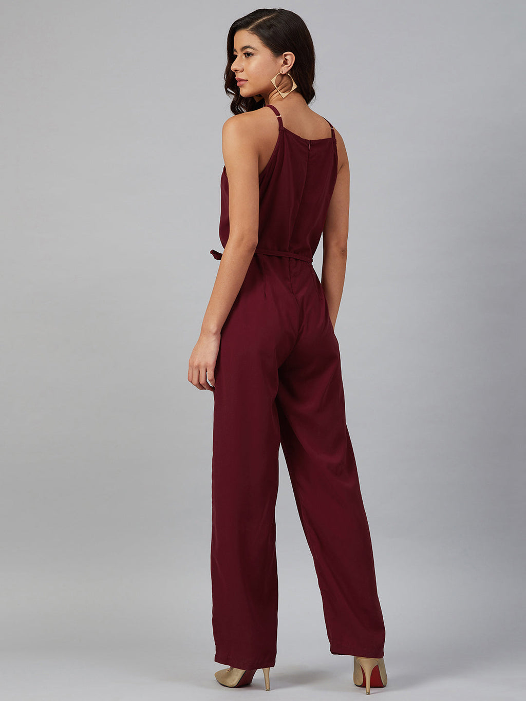 Jompers Women Maroon Solid Basic Halter Neck Basic Jumpsuit | Grocsy