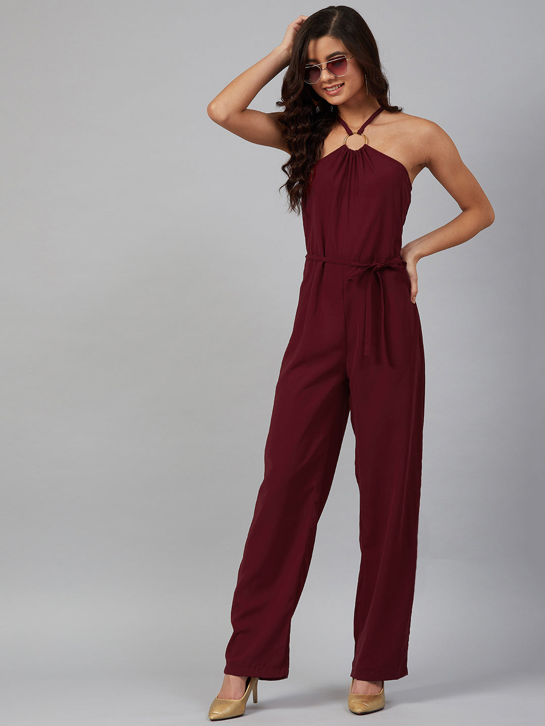 Jompers Women Maroon Solid Basic Halter Neck Basic Jumpsuit | Grocsy